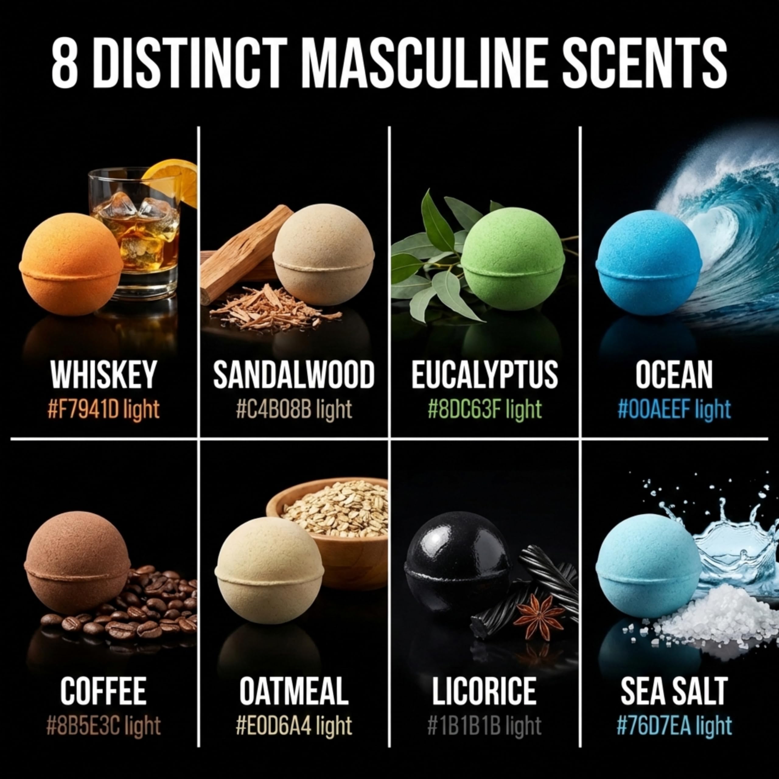 Bath Bombs for Men, Gift Set of 8 Scented Organic Handmade Bath Bombs of 2.5 oz with Natural Essential Oils for Boyfriend, Husband, Father or Friend, by ZenseMe