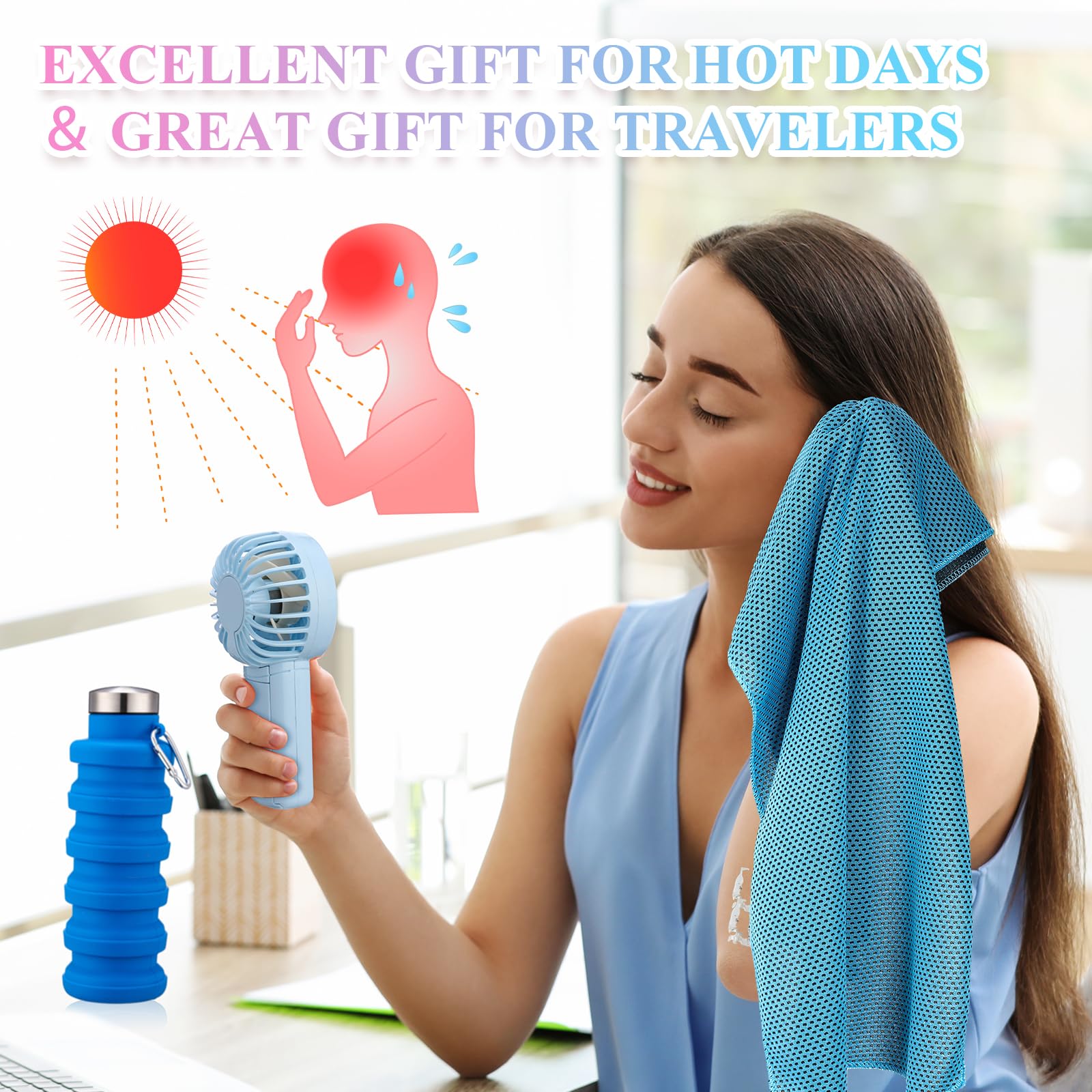 24 Set Theme Park Necessities Cruise Ship Accessory Kit Collapsible Water Bottle Cooling Towel Fan Drawstring Bag for Summer Amusement Park Outdoor Team Travel Cruise Gift Fitness Sport Favor