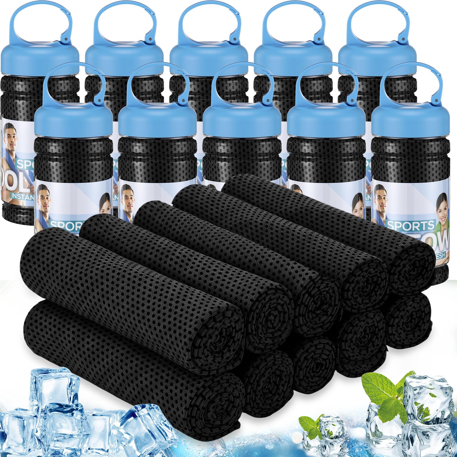 Honoson 10 Pcs Cooling Towels for Neck and Face, 47"x12" Sports Breathable Ice Towels Microfiber Chilly Sweat Rags with Portable Bottle for Gym Golf Athletes Yoga Workout Hot Weather (Mixed Colors)