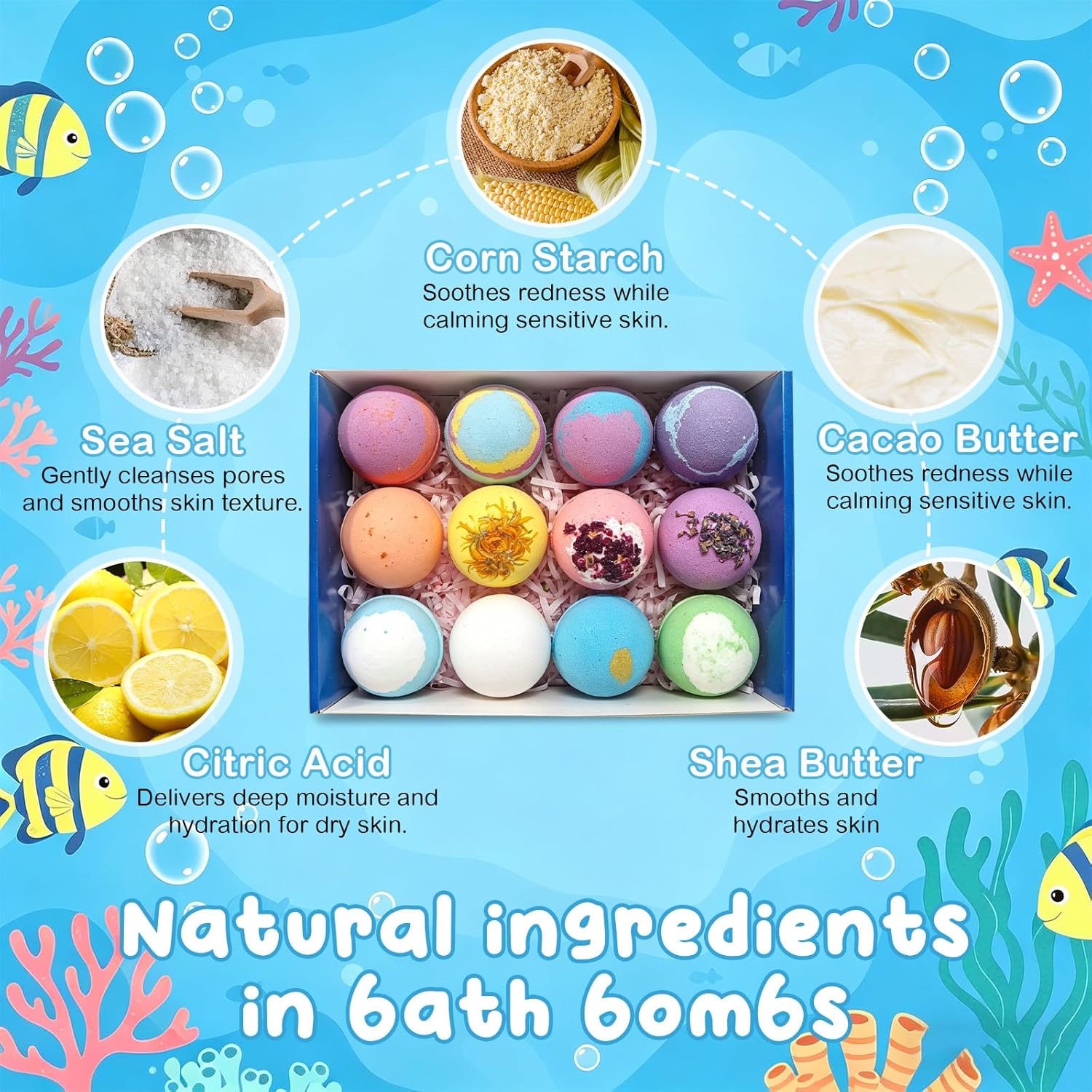 12 PCS Natural Bath Bombs, 2026 Upgrade Play Fizz Bath Bombs Gift Set with 12 Different Fragrances, Ocean Theme Bath Fizzies, Sea Salt Color Changing Spa Easter Bath Balls