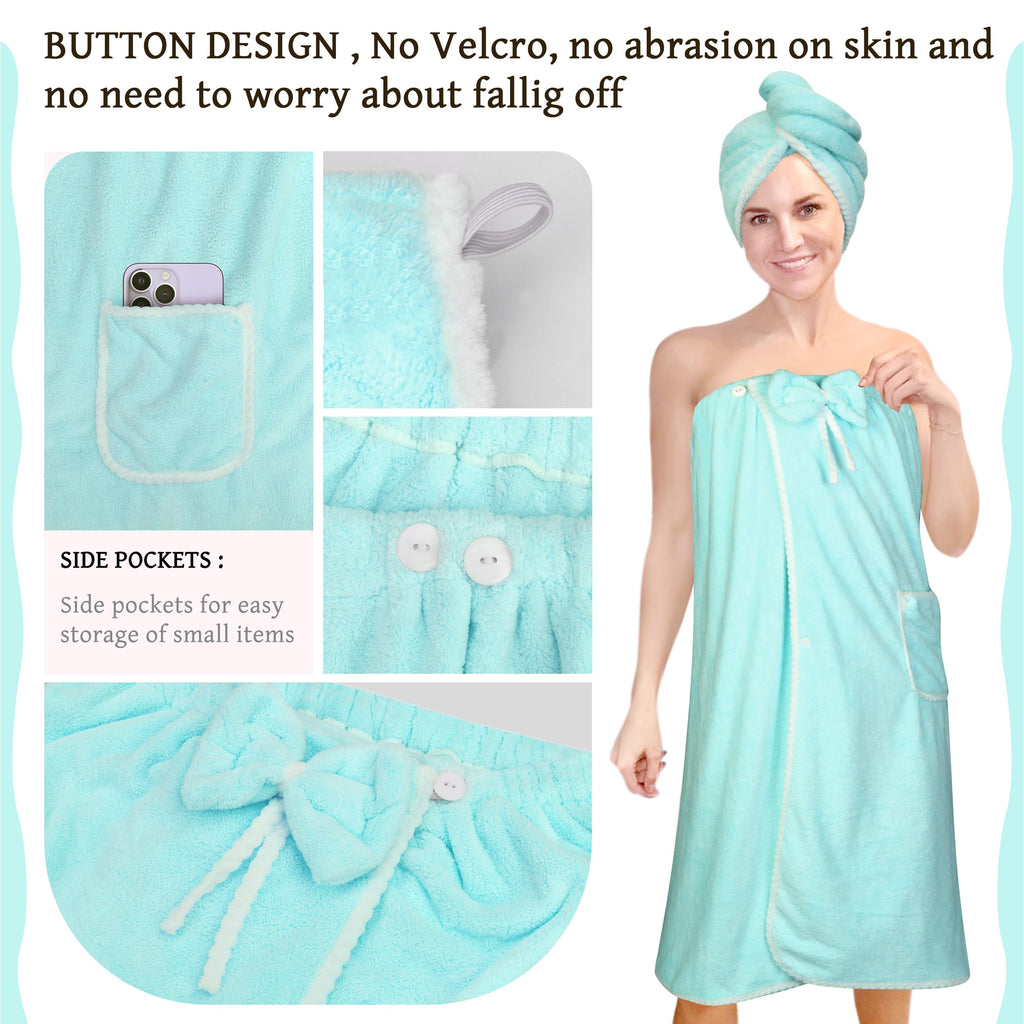 Towel Wrap Women Shower Robe Adjustable Closure Bathrobe with Hair Drying Towel & Spa Wraps