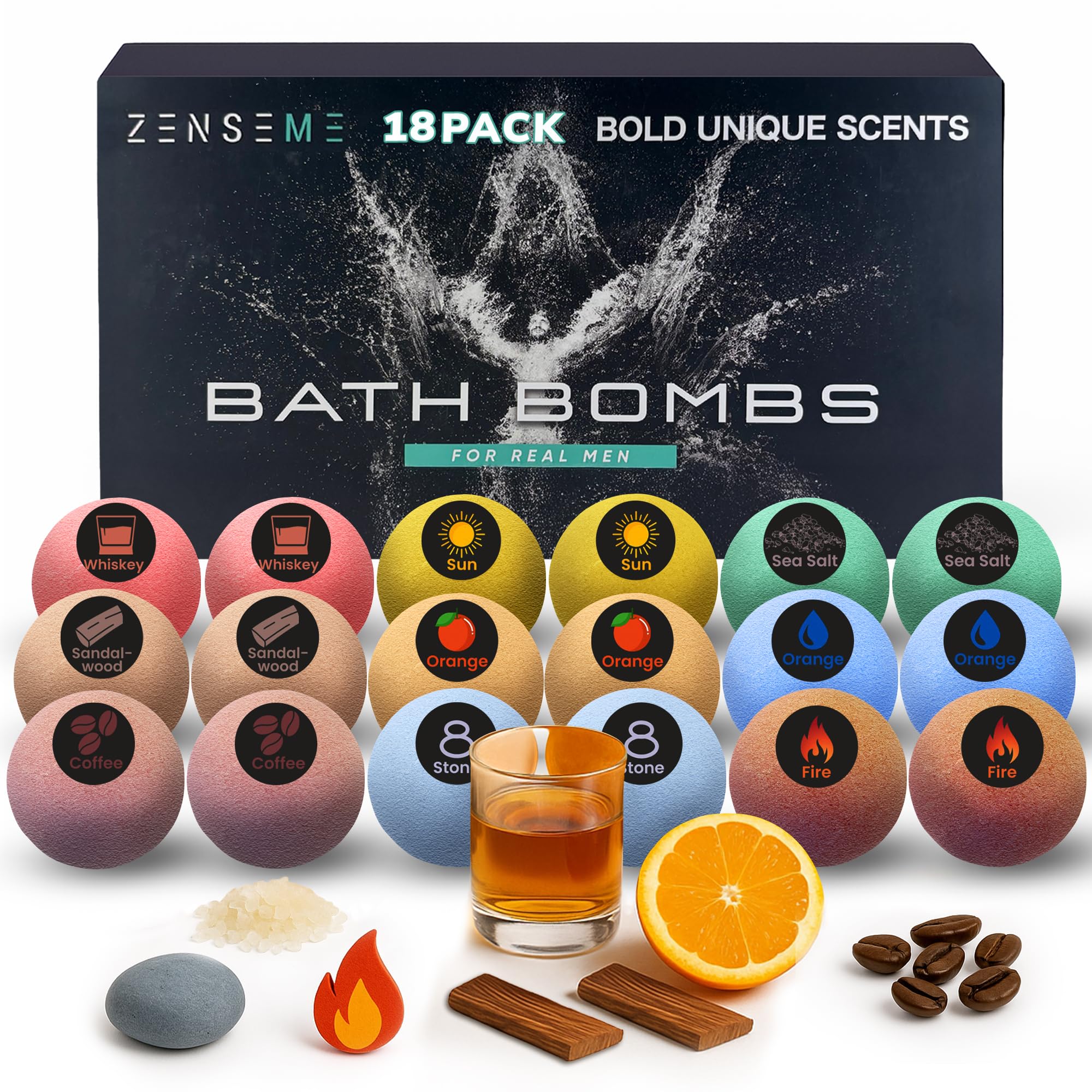 Bath Bombs for Men, Gift Set of 8 Scented Organic Handmade Bath Bombs of 2.5 oz with Natural Essential Oils for Boyfriend, Husband, Father or Friend, by ZenseMe