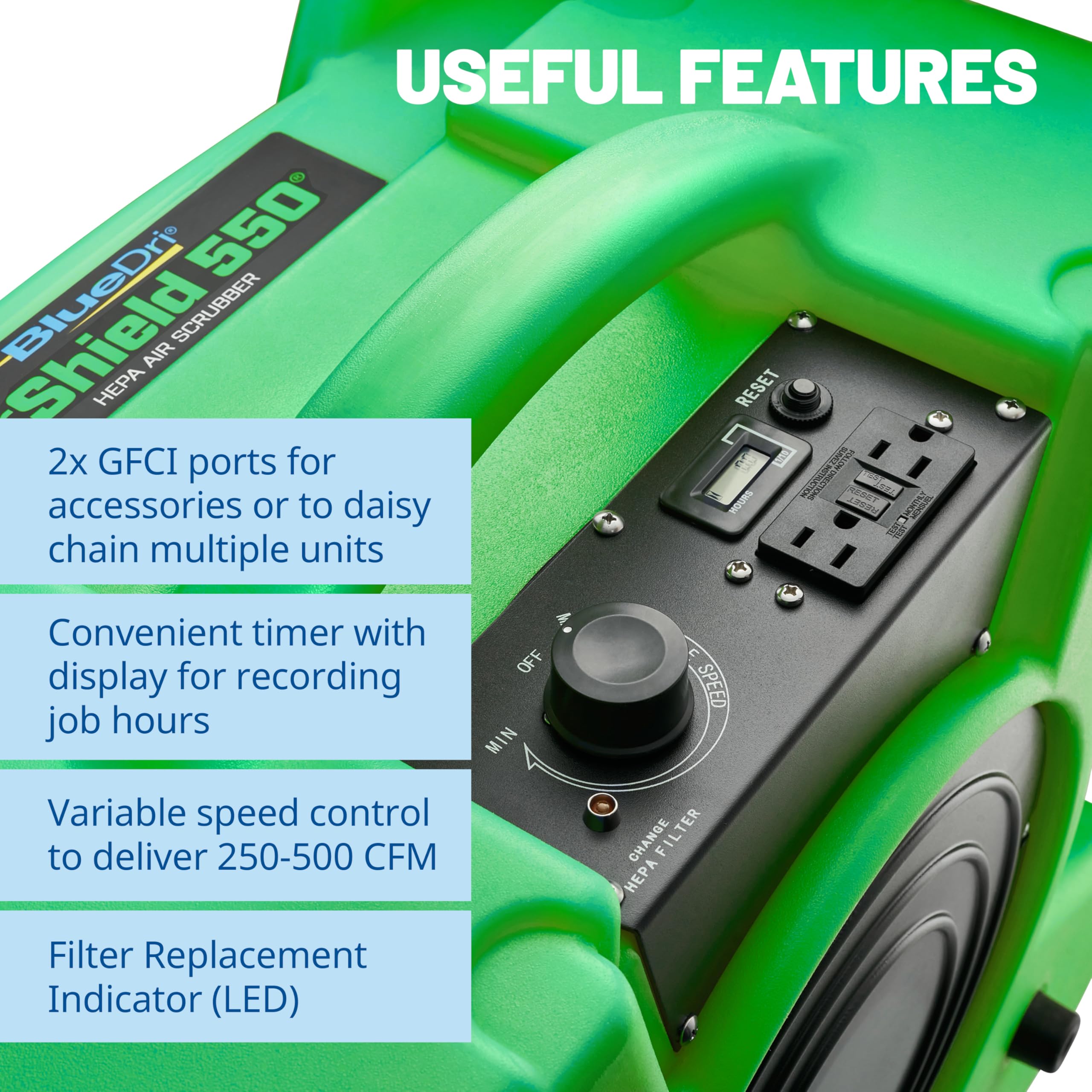 BlueDri Air Shield 550 HEPA Air Scrubber, Water Damage Restoration Equipment Air Purifier, Covers 1400 Sq. Ft, Daisy Chain Capable, For Commercial Use, Blue, BD-AS-550
