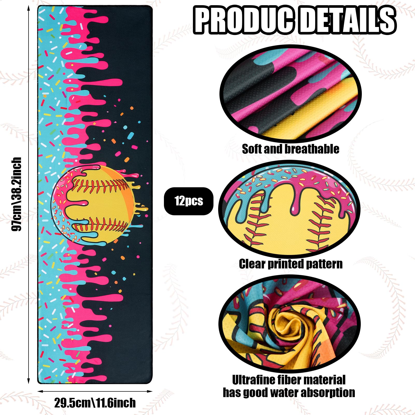 Tegeme 12 Counts Baseball Ice Cream Cooling Towels 40"x12" Sports Breathable Chilly Ice Fast Drying Towel Cool Training Sweat Rag for Coach Sport Party Favors Team Gift