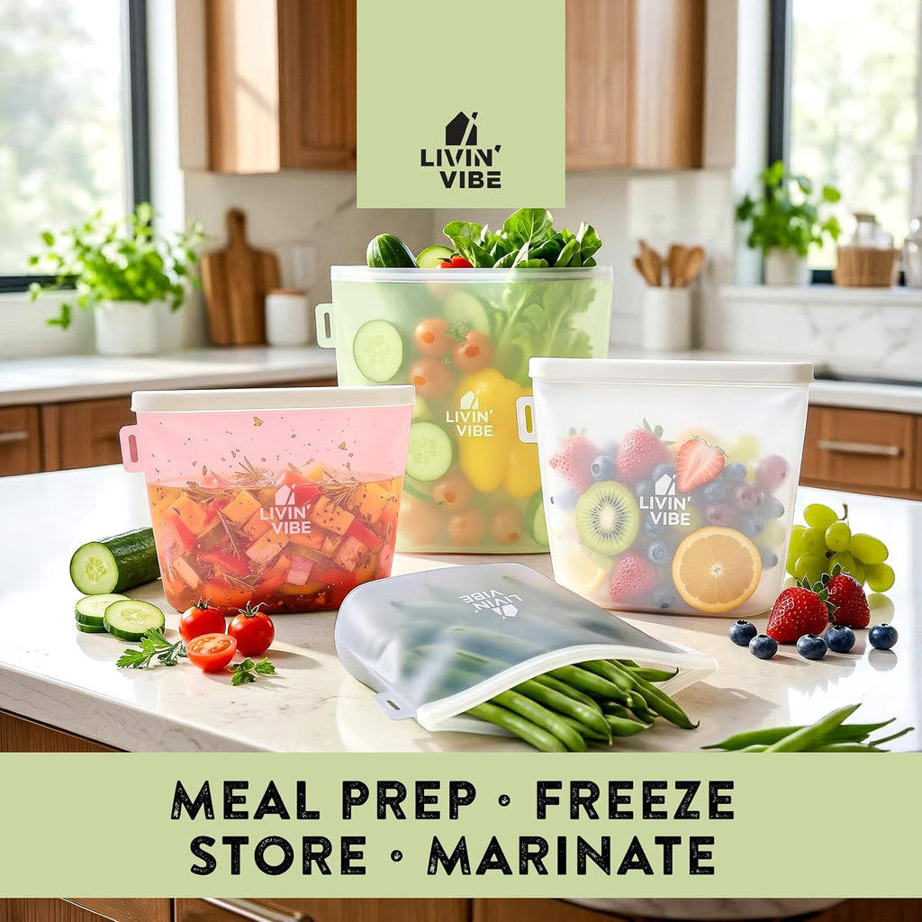 Reusable Silicone Food Storage Bags – Set of 4 Multicolor (500ml/17oz, 1000ml/34oz, 1500ml/51oz, 2000ml/68oz) – Leakproof, Freezer, Microwave, Oven & Dishwasher Safe, BPA-Free