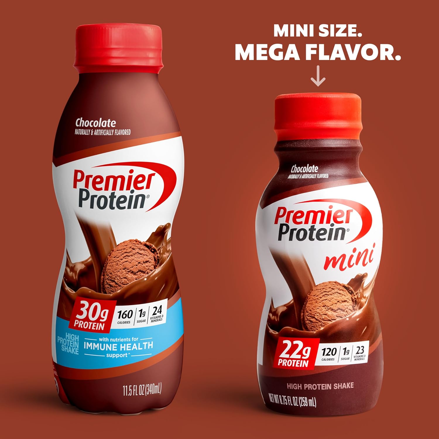 Premier Protein Shake MINIs Chocolate 22g Protein 120 Cal Pack of 12 & Protein Shake 8 Flavor Variety Pack 30g Protein 24 Vitamins 11.5oz 8 Pack