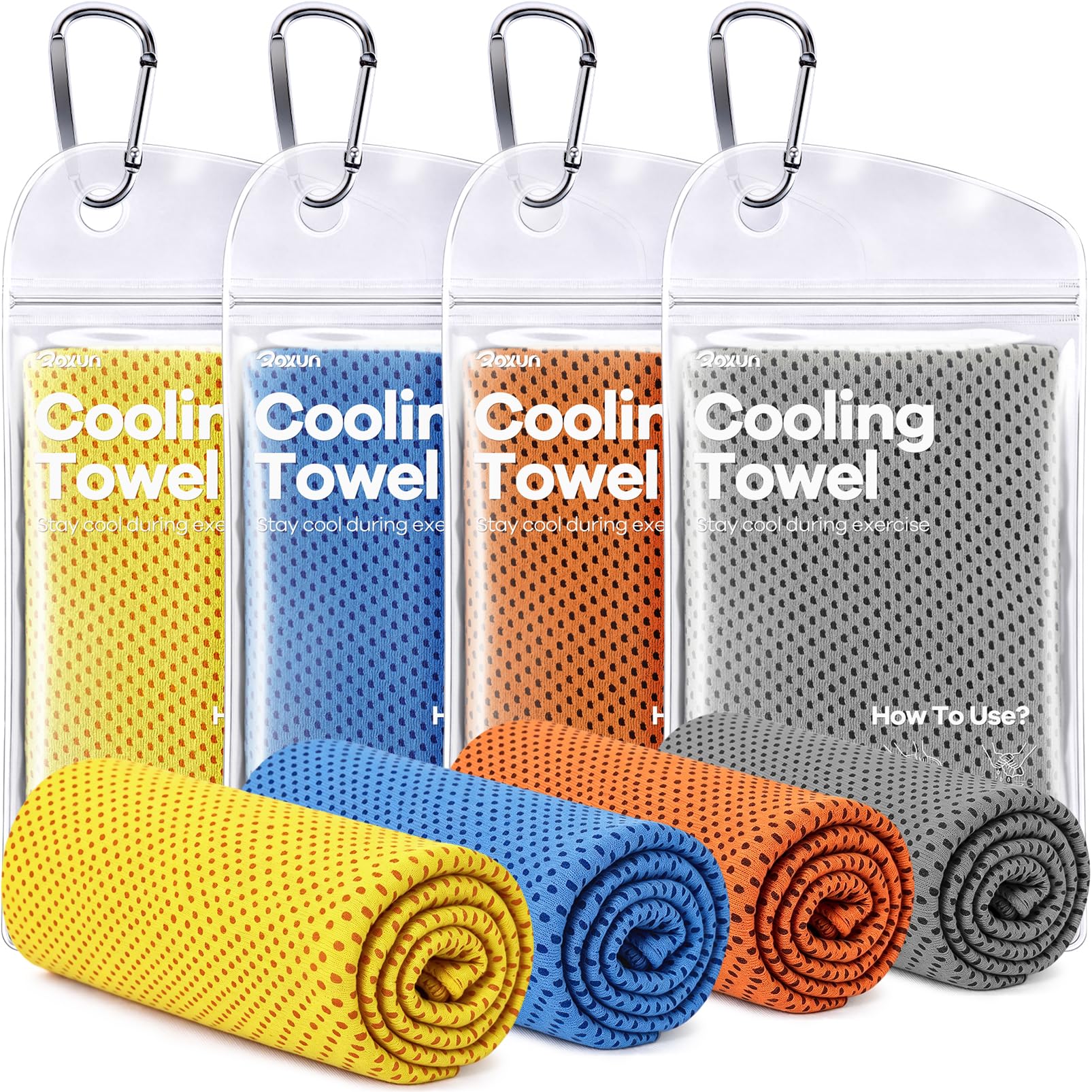ROXUN Cooling Towels, 4 Pack (40''x12'') Chilly Ice Rags for Neck and Face | Gray+Blue+Green+Black, Soft Breathable, Sports and Outdoor Workouts, Comes with Storage Bags & Carabiners