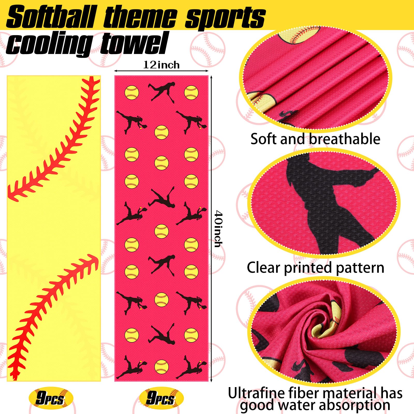 Tegeme 12 Counts Baseball Ice Cream Cooling Towels 40"x12" Sports Breathable Chilly Ice Fast Drying Towel Cool Training Sweat Rag for Coach Sport Party Favors Team Gift