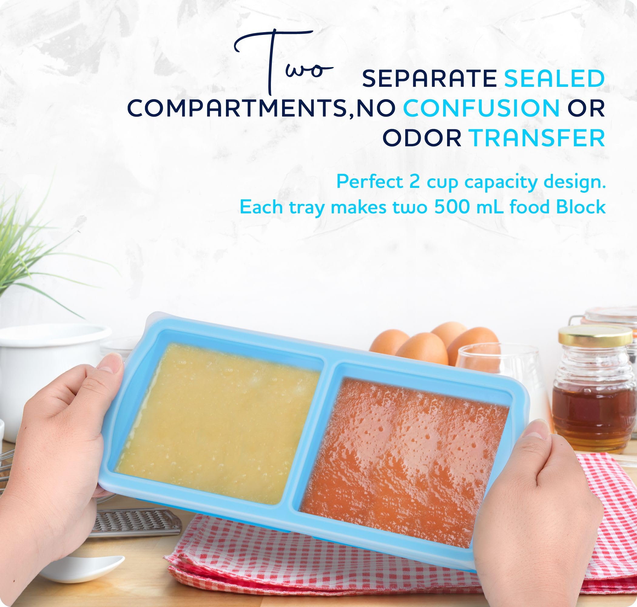 ZIP STANDING Silicone Freezer Trays with Lid,1-cup Soup Freezer Container large Ice Cube Molds with Reinforced Steel Ring Top for freezing Soup Sauce Broth Leftovers oven Dishwasher -Safe(2-Pack)