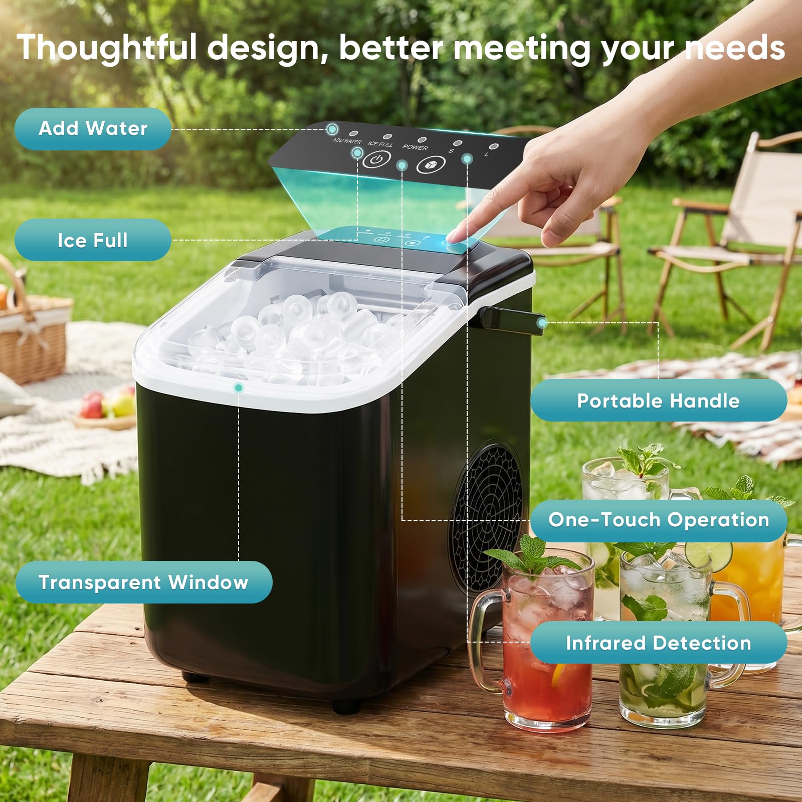 DUMOS Ice Maker Countertop, Ice Machine with Portable Handle, Basket and Scoop, 26lbs Daily, 9 Bullet Cubes in 6-8 Mins, Auto-Cleaning for Home, Kitchen, Office, Outdoors, RV Camping