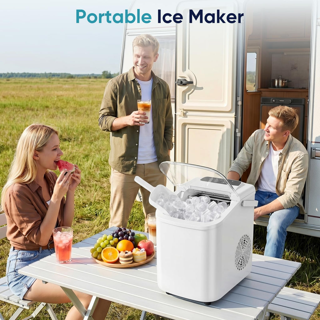 DUMOS Ice Maker Countertop, Ice Machine with Portable Handle, Basket and Scoop, 26lbs Daily, 9 Bullet Cubes in 6-8 Mins, Auto-Cleaning for Home, Kitchen, Office, Outdoors, RV Camping