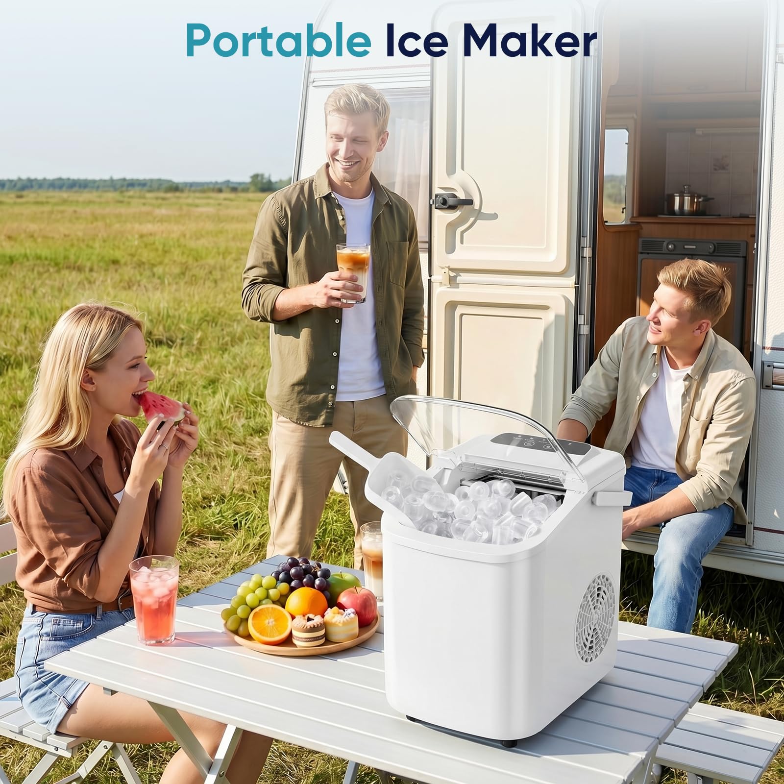 DUMOS Ice Maker Countertop, Ice Machine with Portable Handle, Basket and Scoop, 26lbs Daily, 9 Bullet Cubes in 6-8 Mins, Auto-Cleaning for Home, Kitchen, Office, Outdoors, RV Camping