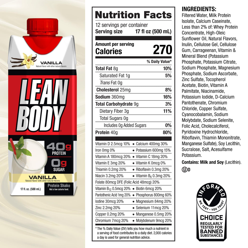 Labrada Lean Body Ready-to-Drink Chocolate Protein Shake, 40g Protein, Whey Blend, 0 Sugar, Gluten Free, 22 Vitamins & Minerals, LABRADA, 17 Fl Oz (Pack of 12)