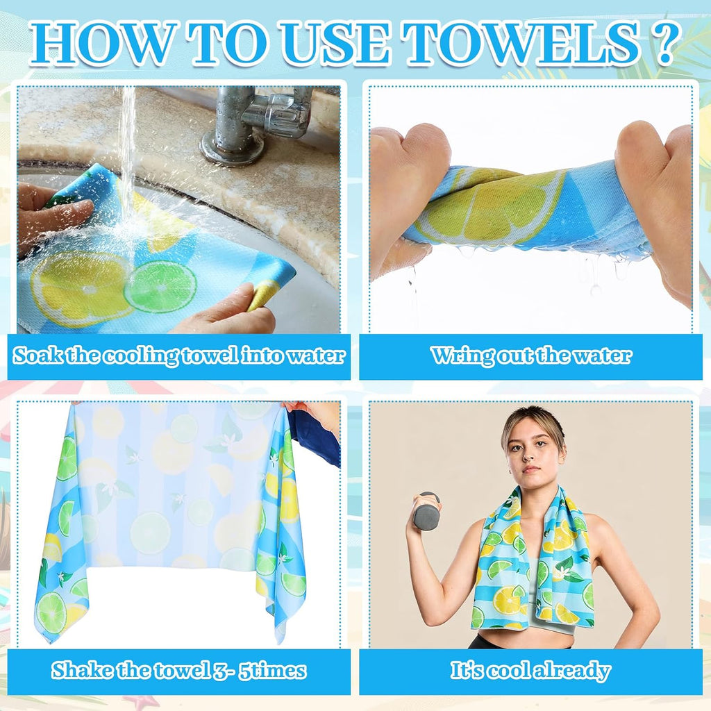 12-Pack Beach Party Theme Cooling Towels - 40"x12" Quick-Dry Microfiber Ice Towels with Tropical Fruit Design Lemon Coconut Watermelon Pineapple Perfect for Pool Gym Sports Summer Events