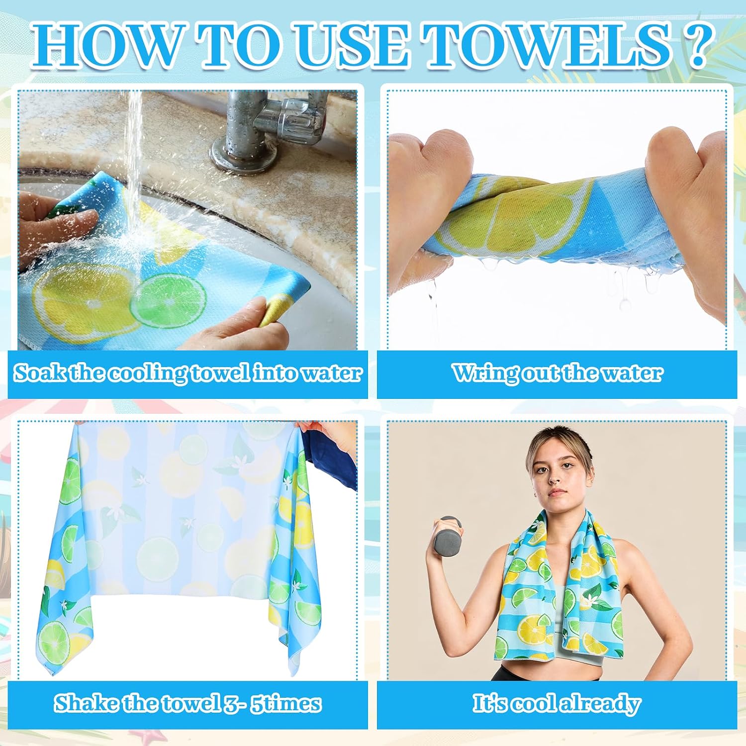 12-Pack Beach Party Theme Cooling Towels - 40"x12" Quick-Dry Microfiber Ice Towels with Tropical Fruit Design Lemon Coconut Watermelon Pineapple Perfect for Pool Gym Sports Summer Events
