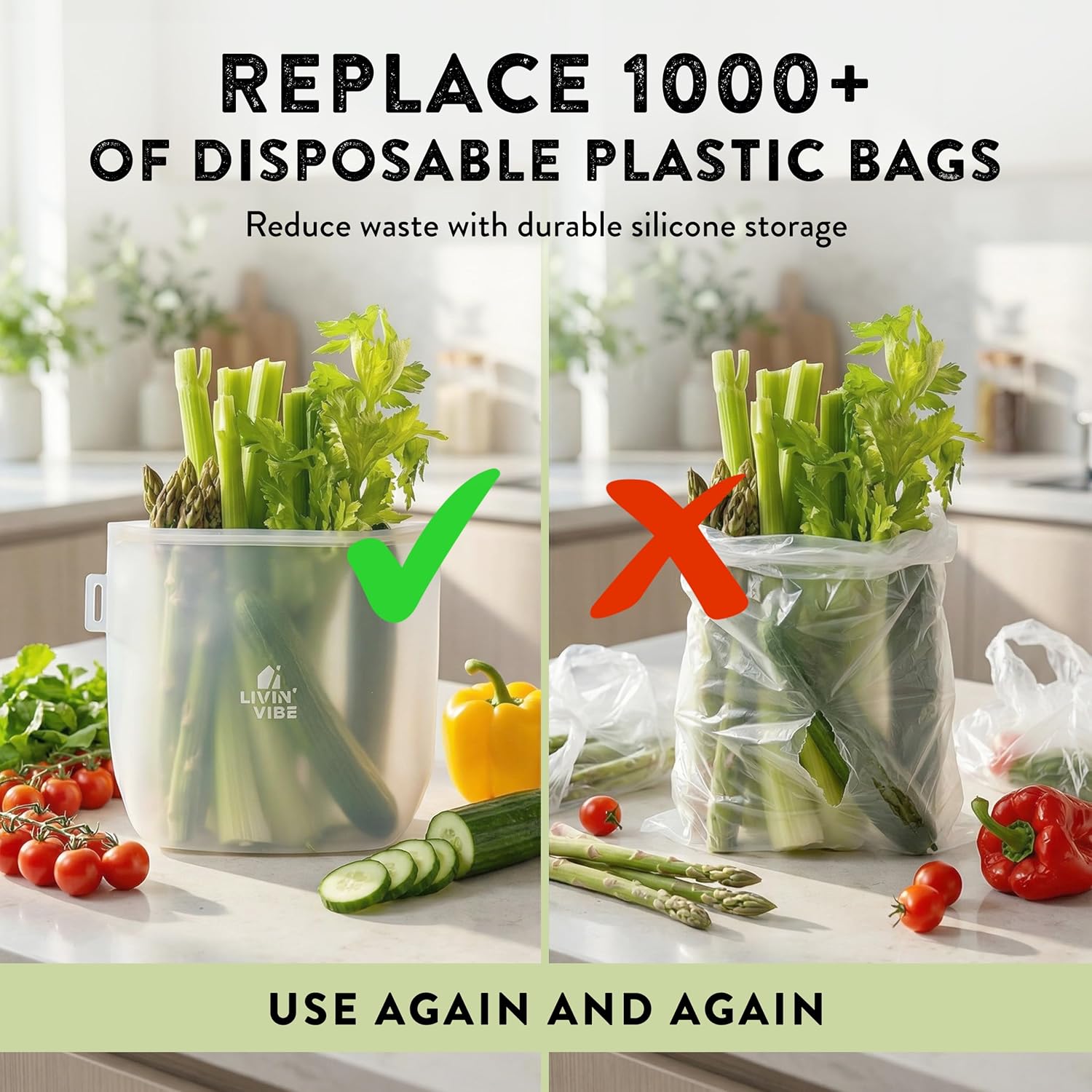 Reusable Silicone Food Storage Bags – Set of 4 Multicolor (500ml/17oz, 1000ml/34oz, 1500ml/51oz, 2000ml/68oz) – Leakproof, Freezer, Microwave, Oven & Dishwasher Safe, BPA-Free