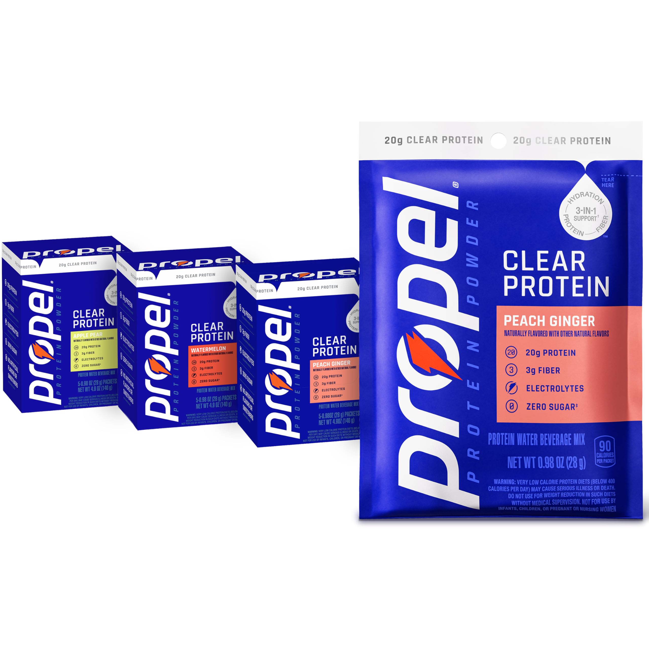 Propel Clear Protein Powder, Watermelon, 5 Servings, 3-in-1 GLP-1 Support: Hydration, 20g Protein, 3g Fiber, Zero Sugar, 90 Calories, No Added Colors, No Artificial Sweeteners or Flavors, Electrolytes