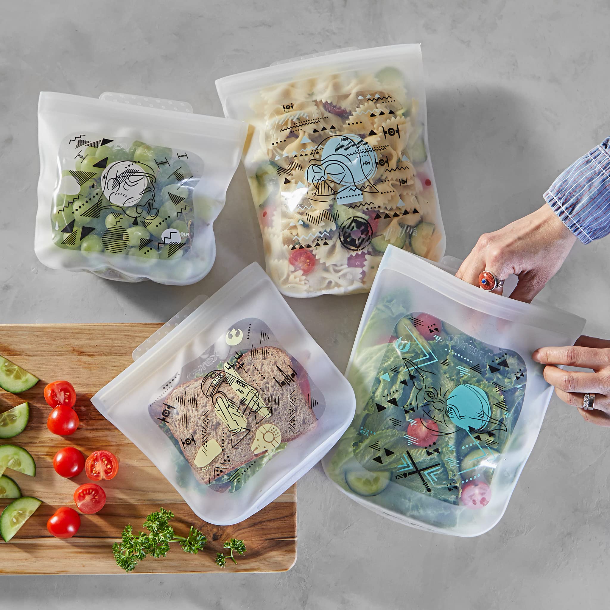 Pyrex Platinum Silicone 4-Pc Storage Set, 2 Reusable Sandwich Bags, 2 Reusable Half-Gallon Freezer Bags, Non-Toxic, BPA-Free, Airtight & Leak-Proof, Microwave, Freezer Safe, Star Wars