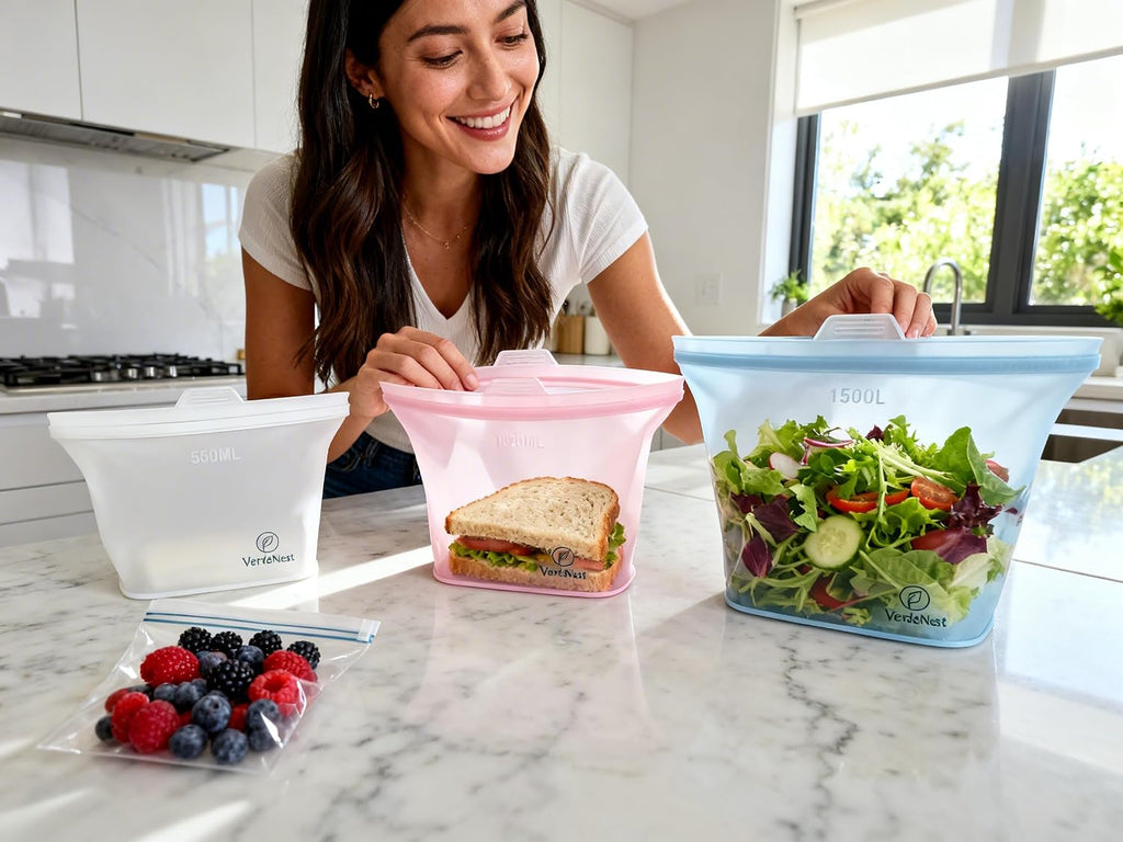 Reusable Silicone Food Storage Bags – 6 Pack Stand-Up Leakproof BPA-Free Silicone Bags for Meal Prep, Sandwich, Snacks & Freezer Storage (500ml, 1000ml, 1500ml)