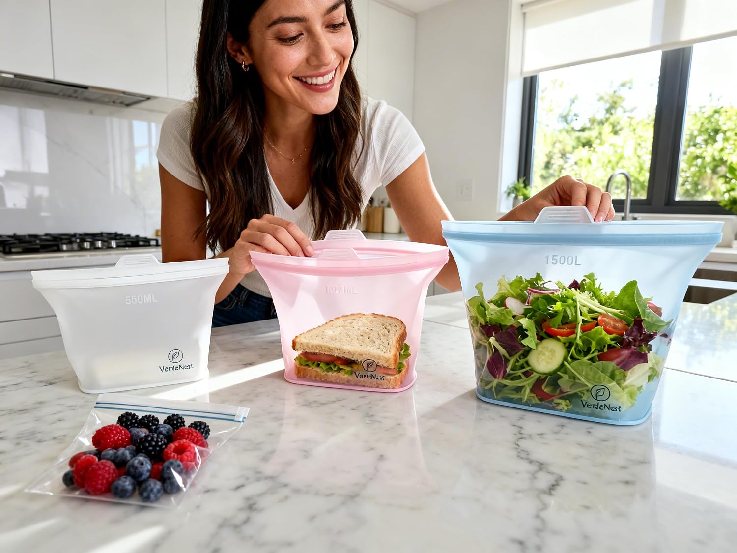 Reusable Silicone Food Storage Bags – 6 Pack Stand-Up Leakproof BPA-Free Silicone Bags for Meal Prep, Sandwich, Snacks & Freezer Storage (500ml, 1000ml, 1500ml)