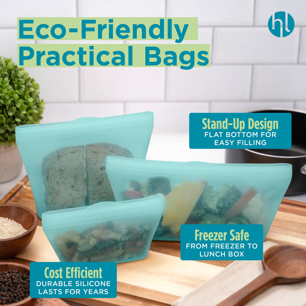 Home Logic Reusable Snack Bags - Set of 6 Clear Silicone Freezer Bags, Airtight Leak Resistant Reusable Zip Bags for Kitchen Home Food Prep, Microwave & Sous Vide Safe