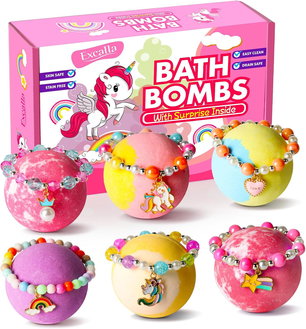 Unicorn Bath Bombs with Surprise Inside for Kids Girls, 6 Kids Bath Bombs with Jewelry Inside, Natural Bubble Bath Set for Skin Moisturizing, Birthday Christmas Easter Gifts for 4 5 6 7 8 Year Old