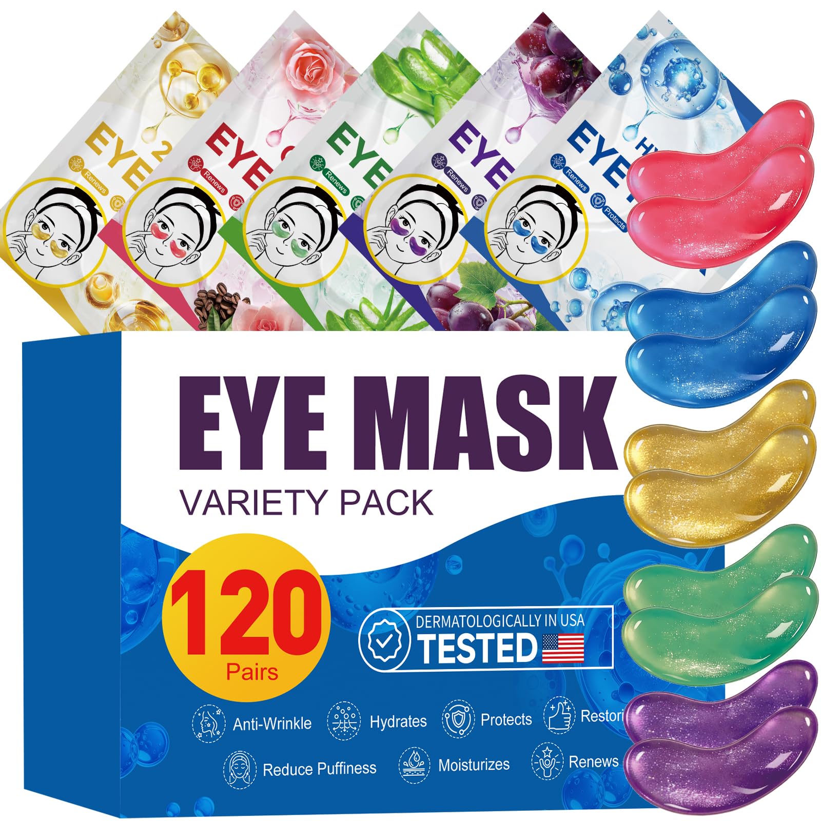 120 Pairs Under Eye Patches,Hydrating Eye Mask For Puffy Eyes &Dark Circles | Hyaluronic, 24K Gold, Grape, Caffeine, Aloe, Variety Pack Travel & Spa Skincare Gifts for Women, Daily Self-care Eye Gels