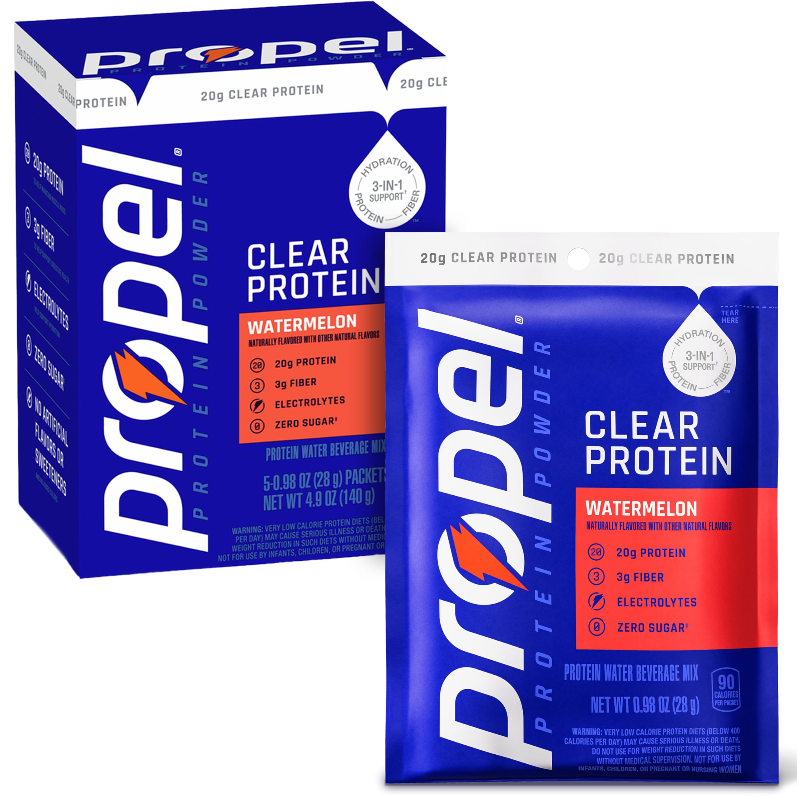 Propel Clear Protein Powder, Watermelon, 5 Servings, 3-in-1 GLP-1 Support: Hydration, 20g Protein, 3g Fiber, Zero Sugar, 90 Calories, No Added Colors, No Artificial Sweeteners or Flavors, Electrolytes