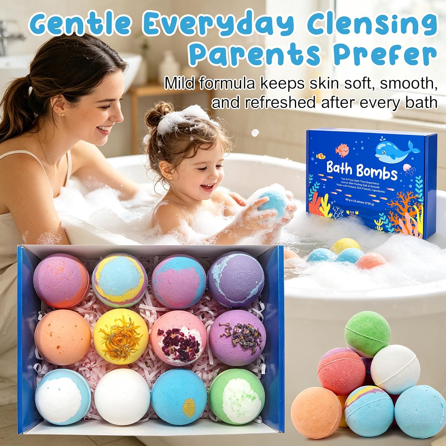 12 PCS Natural Bath Bombs, 2026 Upgrade Play Fizz Bath Bombs Gift Set with 12 Different Fragrances, Ocean Theme Bath Fizzies, Sea Salt Color Changing Spa Easter Bath Balls