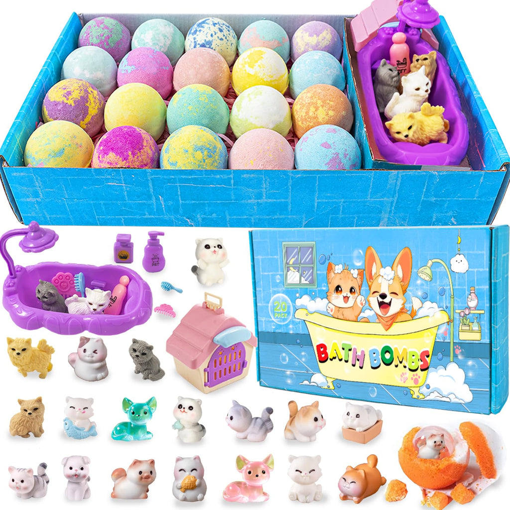Kids Bath Bombs with Surprise Inside, 20 Pack Bring Dog and cat Toys Gift Set, Natural Organic Bubble Bath Foam Bath
