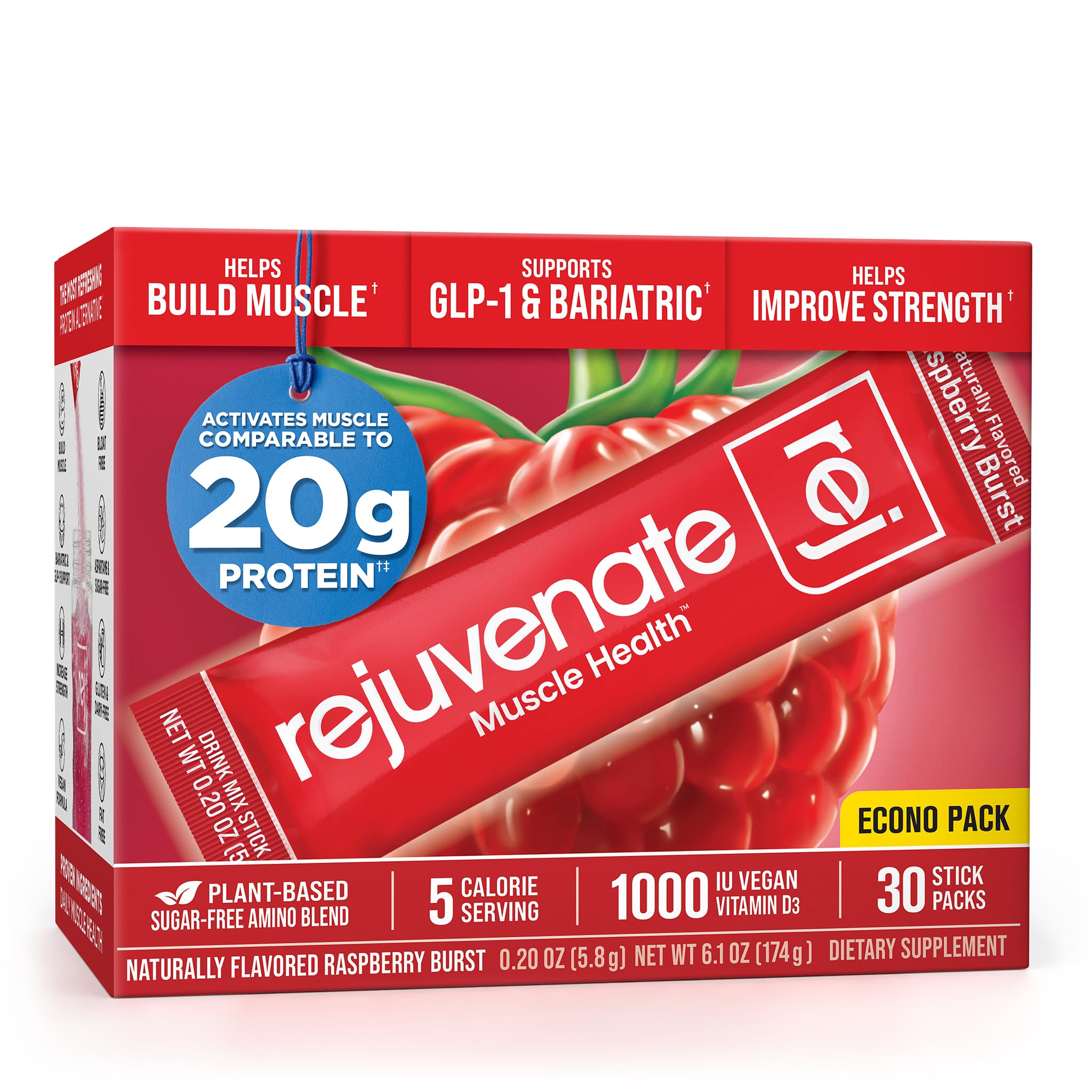 Rejuvenate Perfect Amino Acid Blend, 1 Stick = 20g Whey Protein, 5 Calories, Vegan Friendly EAA + BCAA for Muscle Growth, Strength & Energy, GLP-1 & Bariatric Support, No Bloat, No Sugar