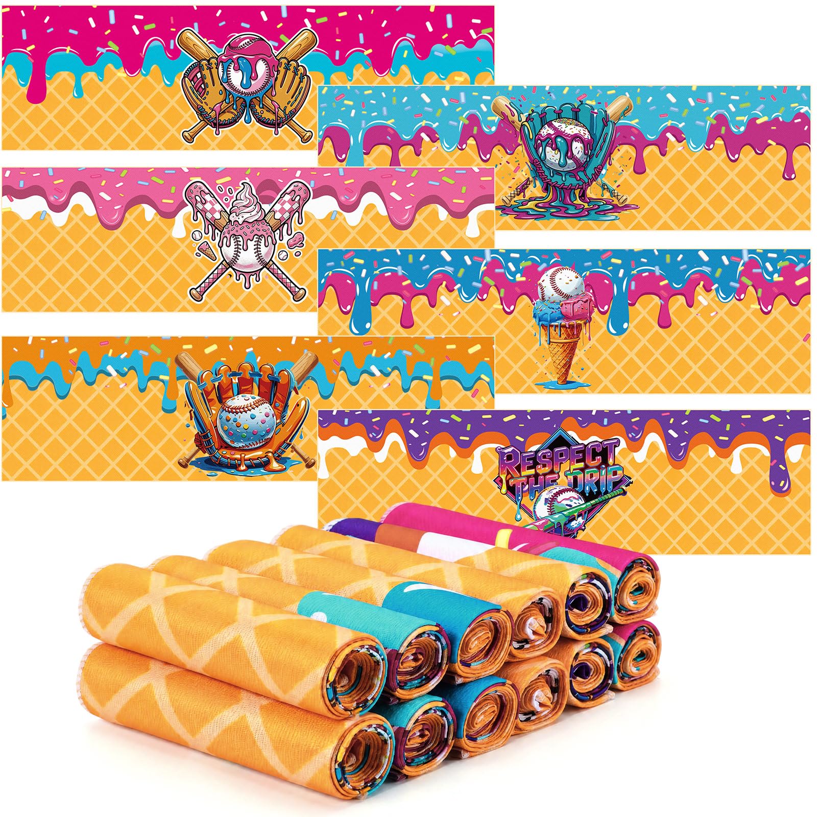 Tegeme 12 Counts Baseball Ice Cream Cooling Towels 40"x12" Sports Breathable Chilly Ice Fast Drying Towel Cool Training Sweat Rag for Coach Sport Party Favors Team Gift
