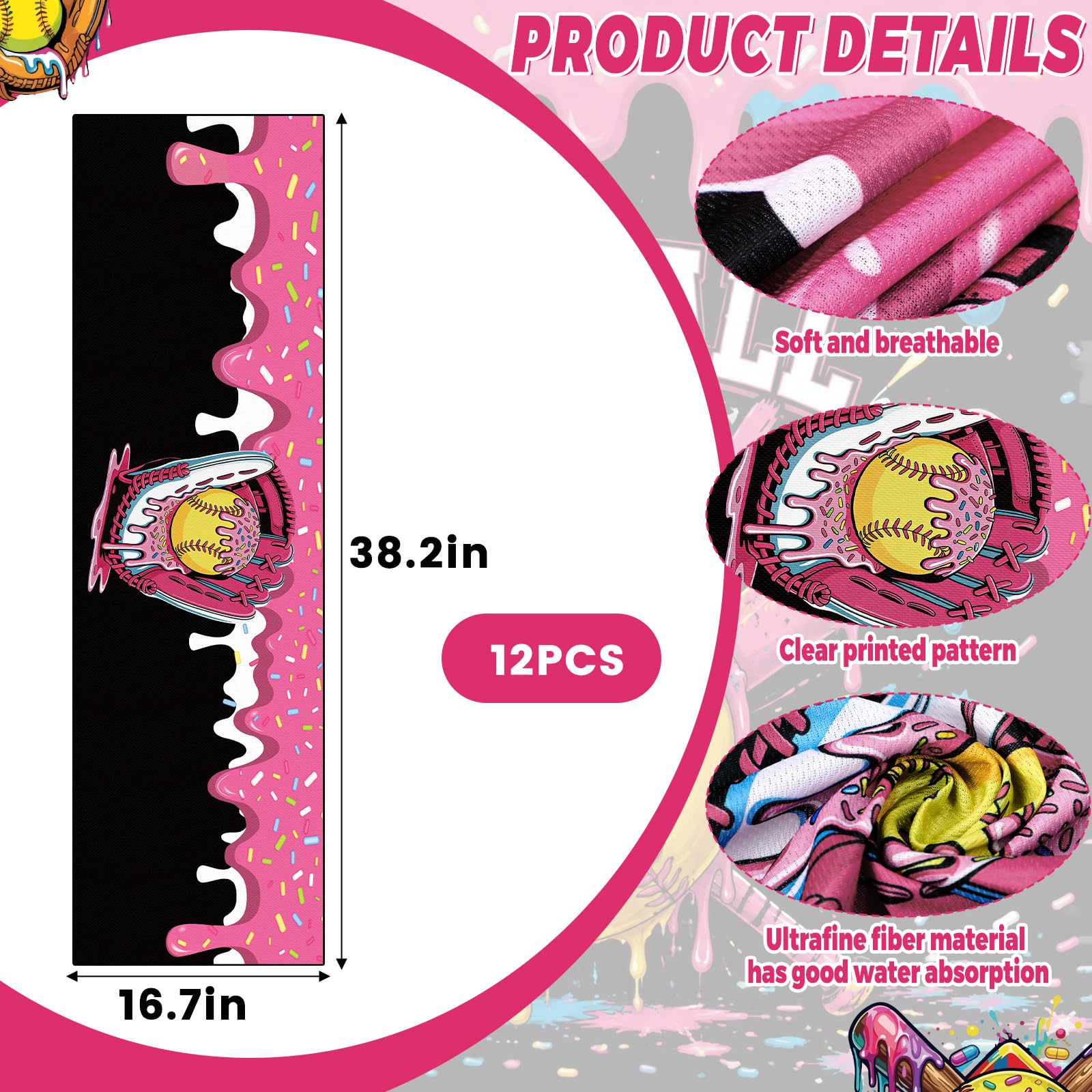 Tegeme 12 Counts Baseball Ice Cream Cooling Towels 40"x12" Sports Breathable Chilly Ice Fast Drying Towel Cool Training Sweat Rag for Coach Sport Party Favors Team Gift