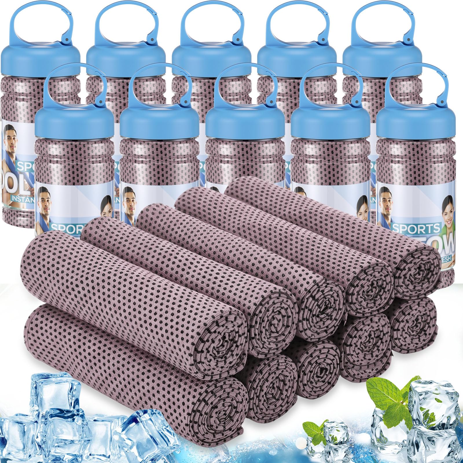 Honoson 10 Pcs Cooling Towels for Neck and Face, 47"x12" Sports Breathable Ice Towels Microfiber Chilly Sweat Rags with Portable Bottle for Gym Golf Athletes Yoga Workout Hot Weather (Mixed Colors)