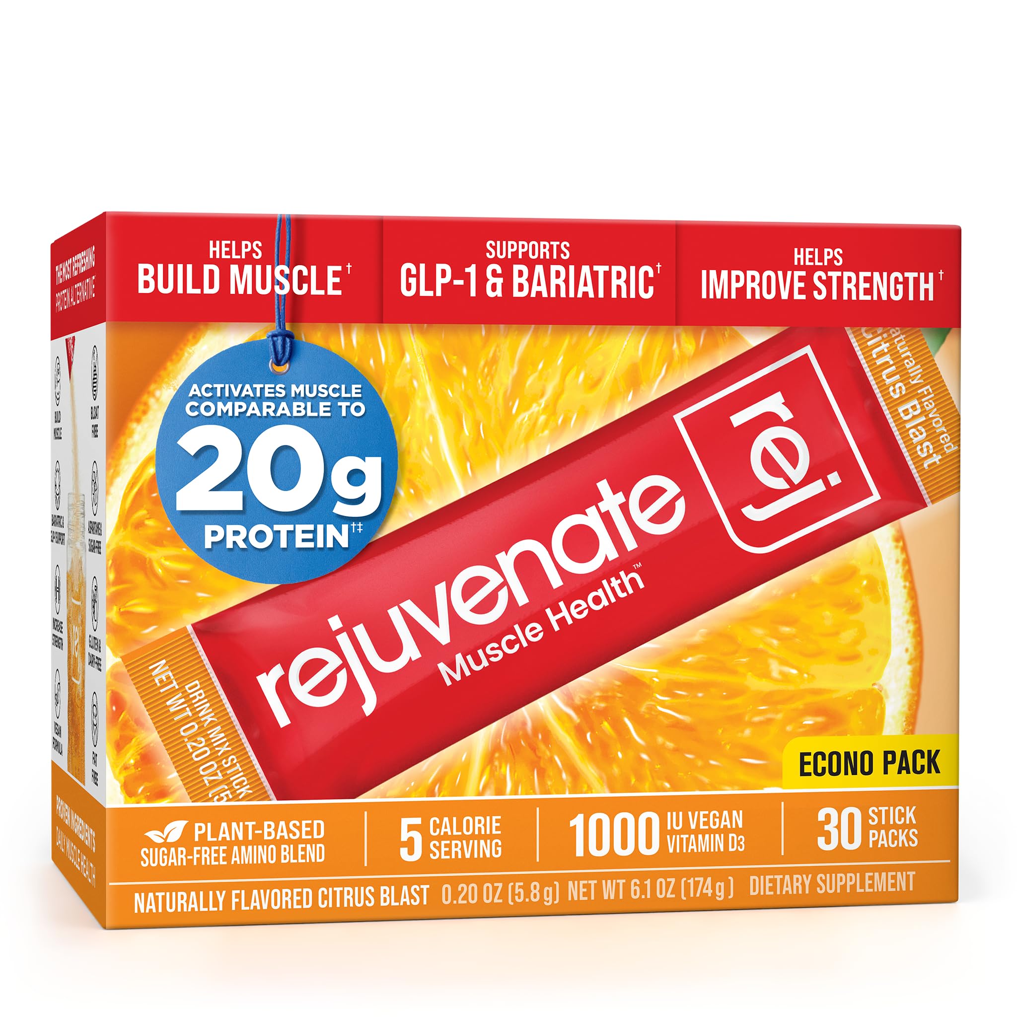 Rejuvenate Perfect Amino Acid Blend, 1 Stick = 20g Whey Protein, 5 Calories, Vegan Friendly EAA + BCAA for Muscle Growth, Strength & Energy, GLP-1 & Bariatric Support, No Bloat, No Sugar