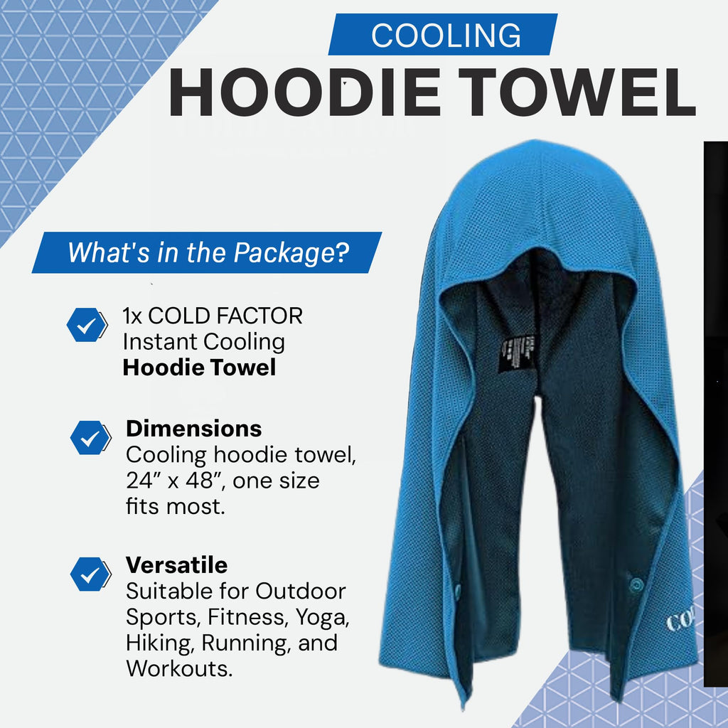 COLD FACTOR Instant Cooling Hoodie Towel – Advanced Chemical-Free Evaporative Cooling Technology – UPF 50+, 2+ Hours Cooling