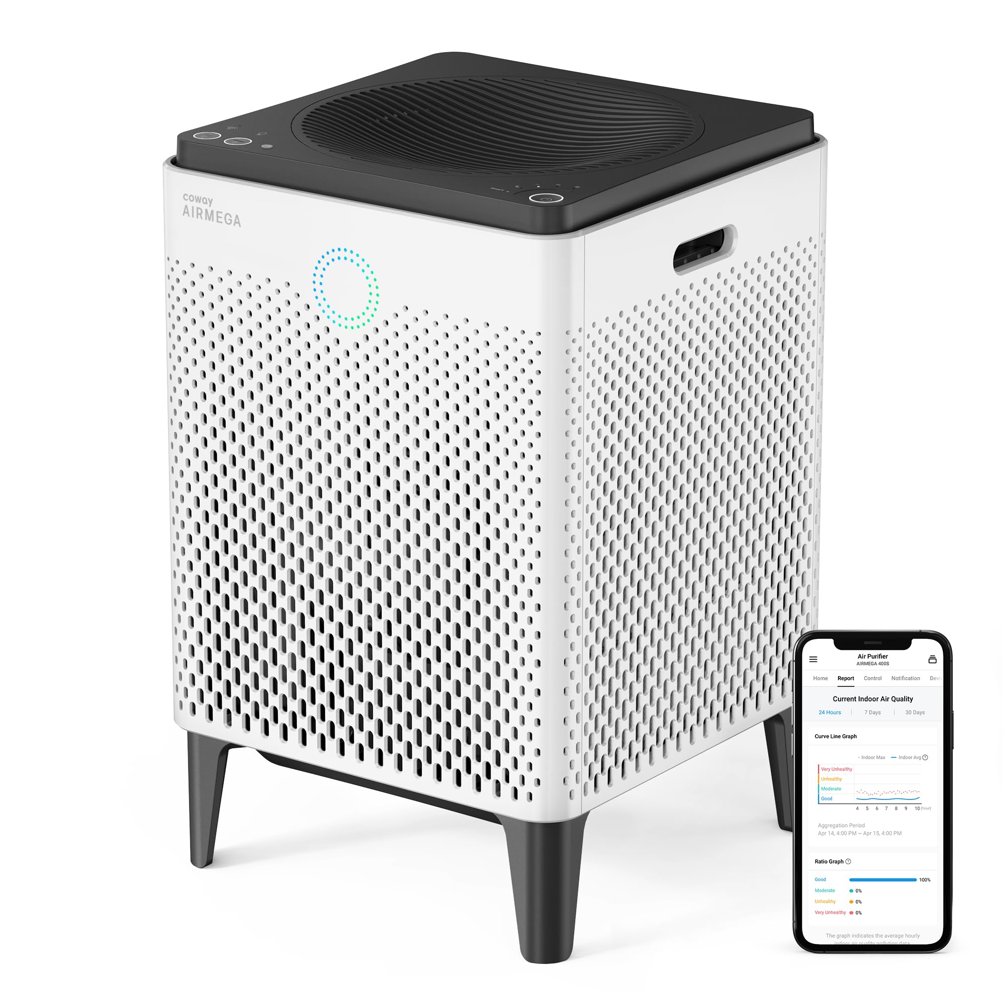 COWAY Air Purifier for Home Up to 3,120ft², Washable Pre-Filter and HEPA Filter for Smoke, Allergies, Pet Dander, Odor, AQI, Auto & Sleep Mode, Timer, 5yr Warranty, Airmega 400 White, AP-2015F