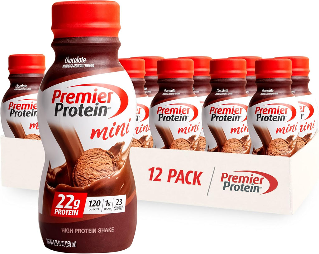 Premier Protein Shake MINIs Chocolate 22g Protein 120 Cal Pack of 12 & Protein Shake 8 Flavor Variety Pack 30g Protein 24 Vitamins 11.5oz 8 Pack