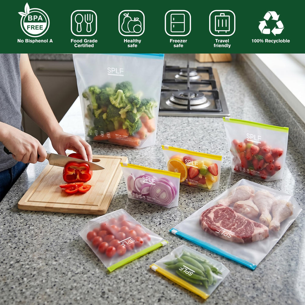 SPLF 20 Pack Reusable Slider Quart Freezer Bags Dishwasher Microwave Safe, BPA Free Leakproof Quart Slider Food Storage Bags, Containers for Fruits, Veggies, Sandwich, Snack, Travel Item