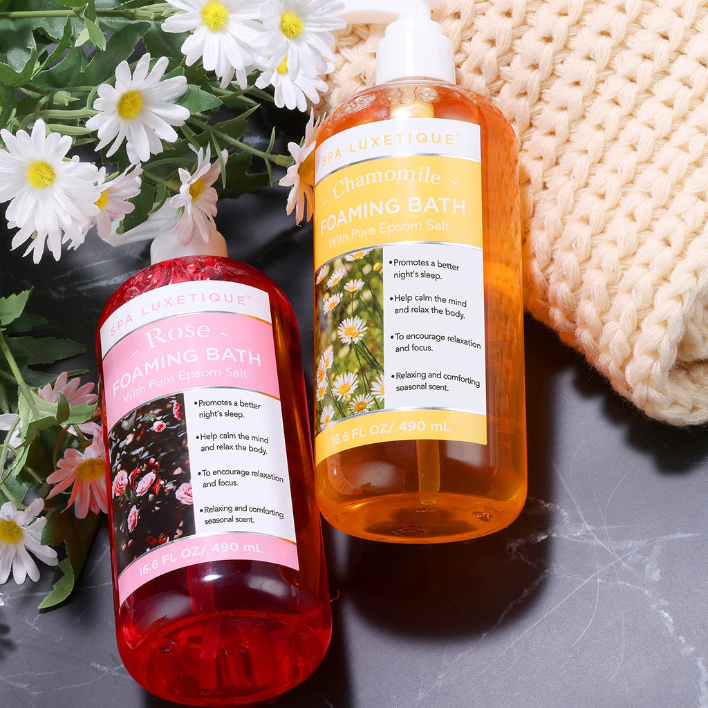 Spa Luxetique Bubble Bath, Foaming Bath with Epsom Salt, Chamomile Rose and Lavender Scent Bathing Set, 3 Pack 49.8 fl oz Mothers Day Gifts Set for Women and Men