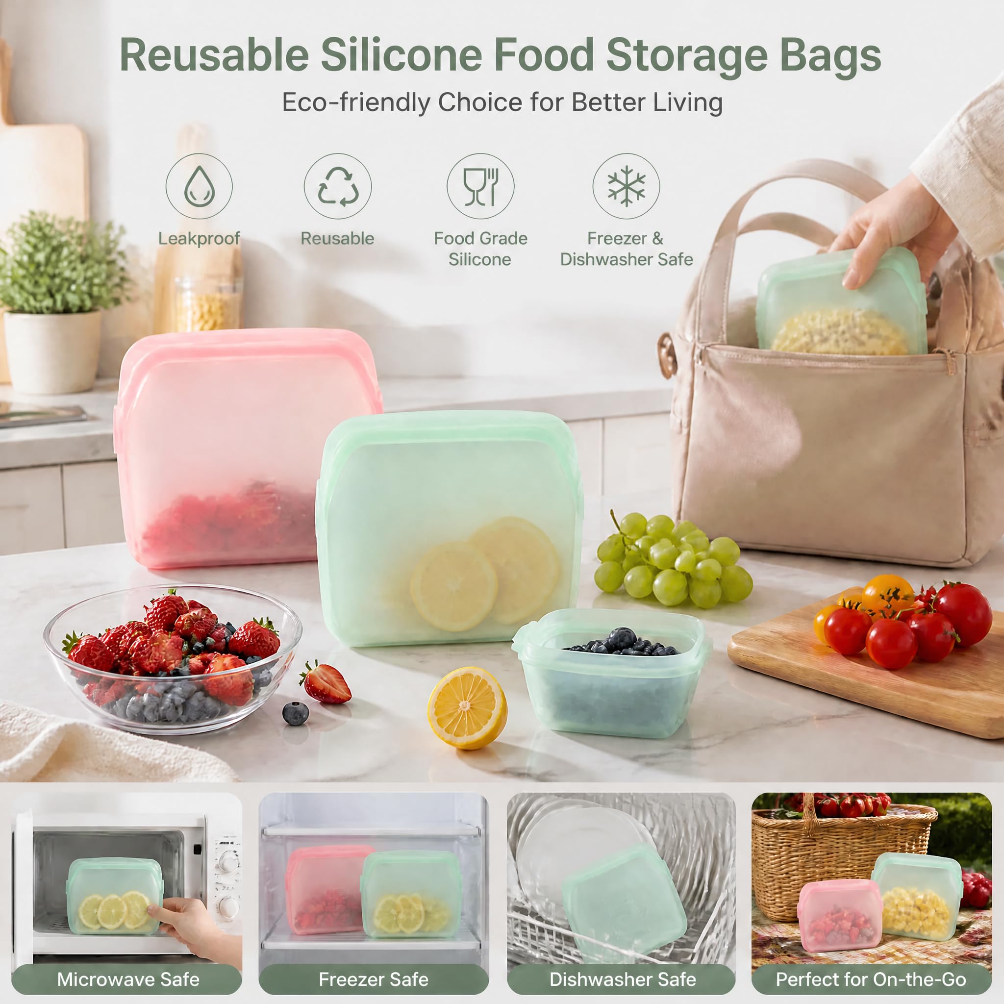 STHF Everbag Reusable Silicone Food Storage Bags — Leak‑Proof, Upright Freezer & Sous‑Vide Safe, Odor‑Proof, High‑Temperature Resistant Food Storage Bags (rectangle)