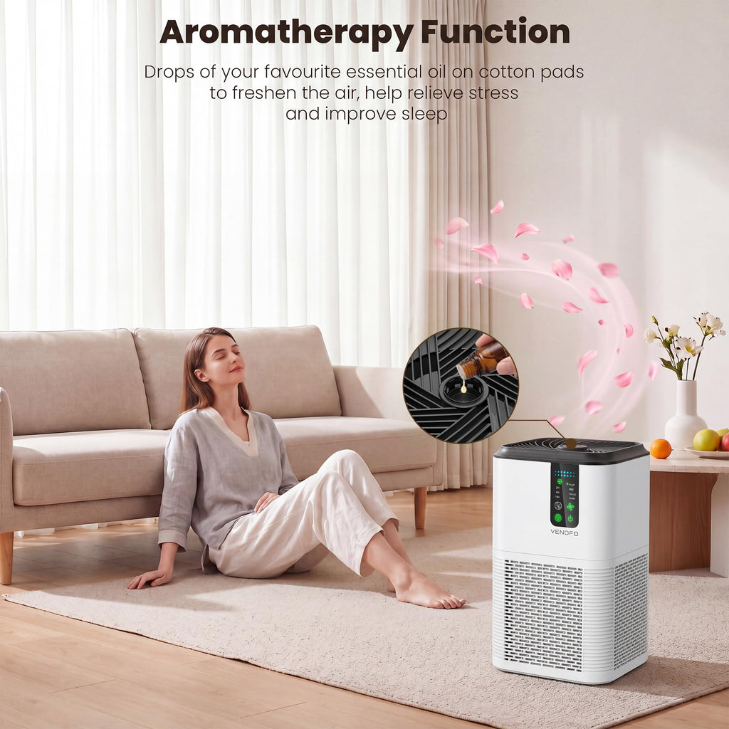 Air Purifiers for Home Large Room Up to 1750ft², Vendfo H13 HEPA Air Purifier for Bedroom with Auto Air Quality Monitor, Air Cleaner with Fragrance for Smoke Dust Pollen Pets Hair Odor, White Black