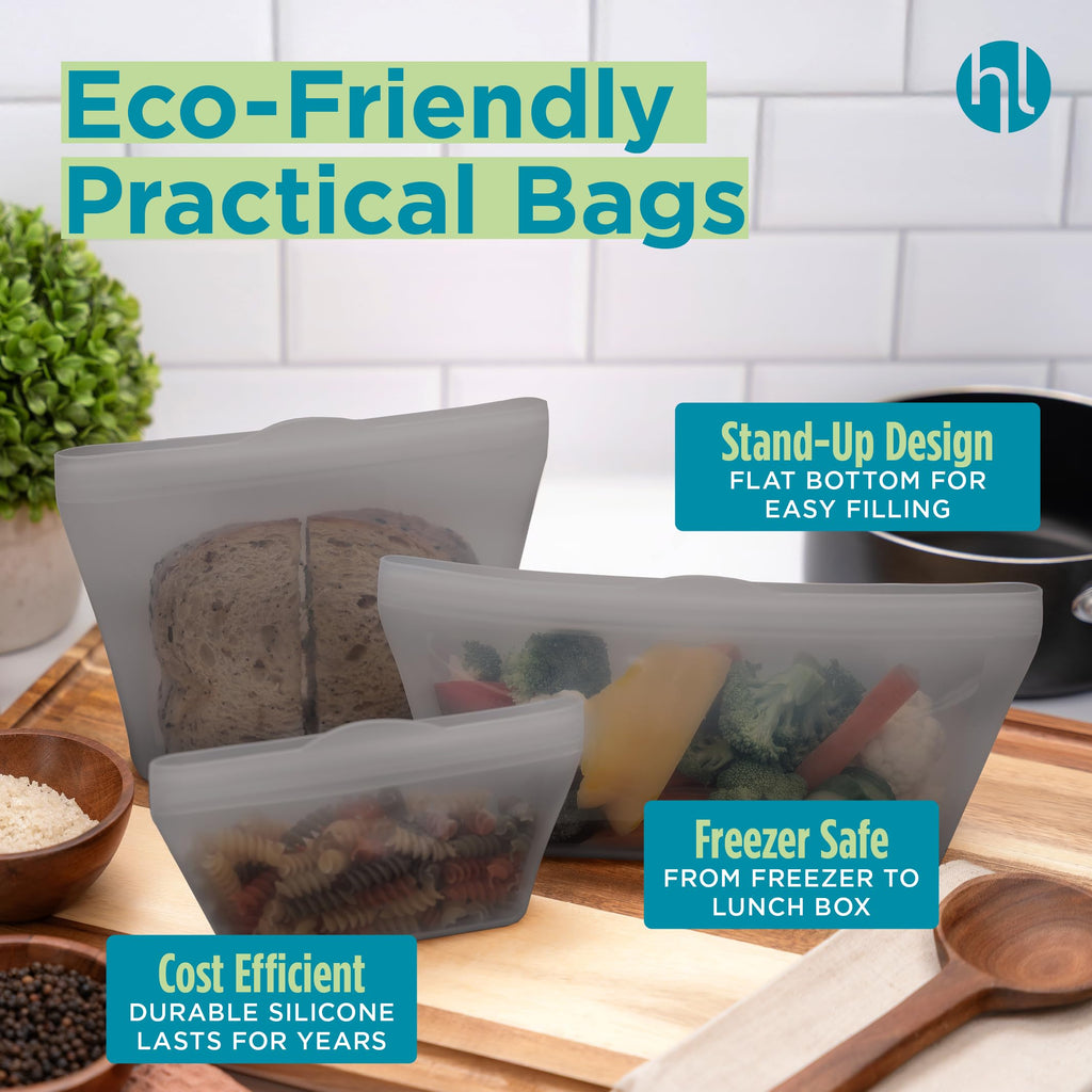 Home Logic Reusable Snack Bags - Set of 6 Clear Silicone Freezer Bags, Airtight Leak Resistant Reusable Zip Bags for Kitchen Home Food Prep, Microwave & Sous Vide Safe