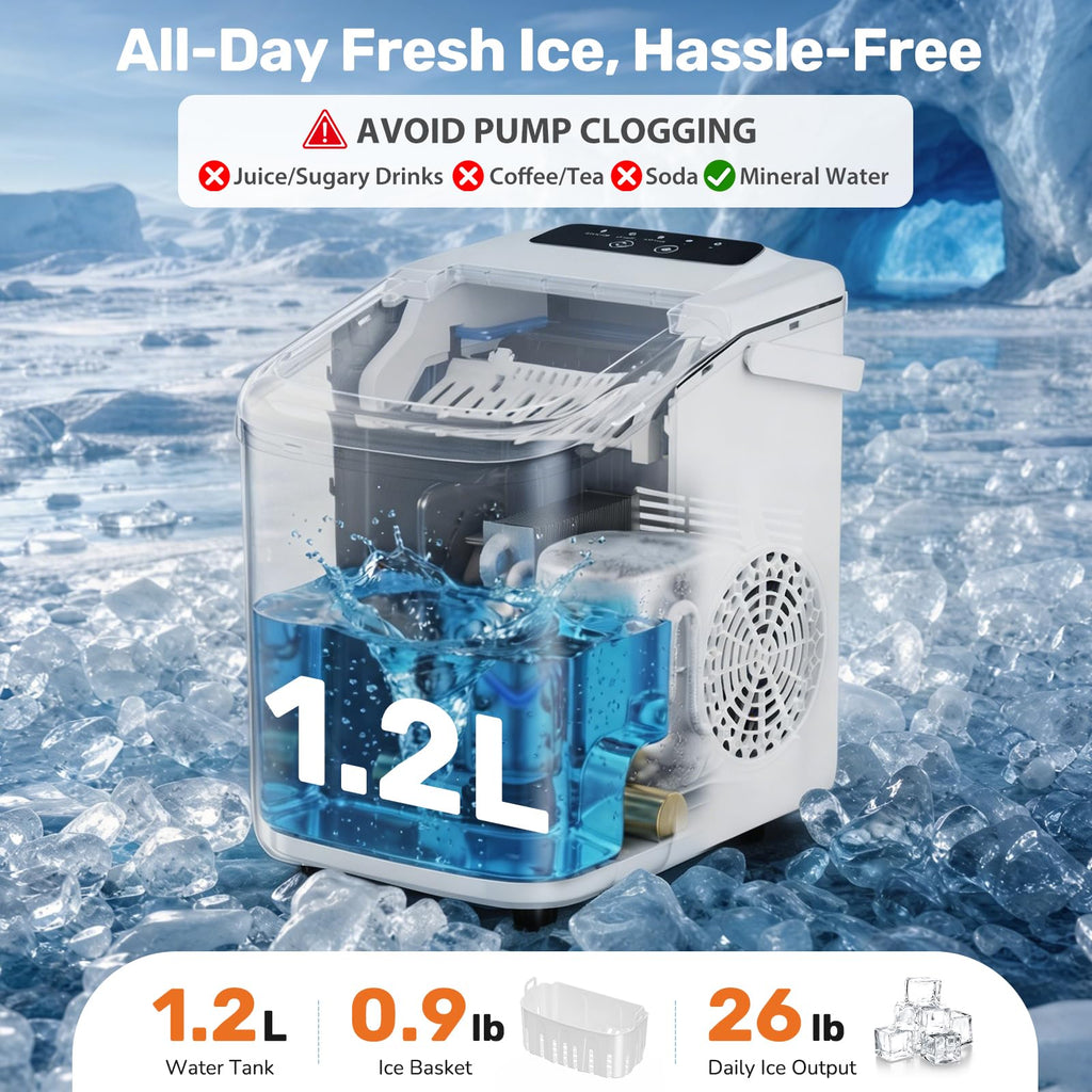 Sweetcrispy Countertop Ice Maker with Scoop, Basket and Handle, Portable Ice Machine 9 Cubes Ready in 6 Mins, 26.5lbs in 24Hrs, 2 Sizes for Home Kitchen Office Bar Party