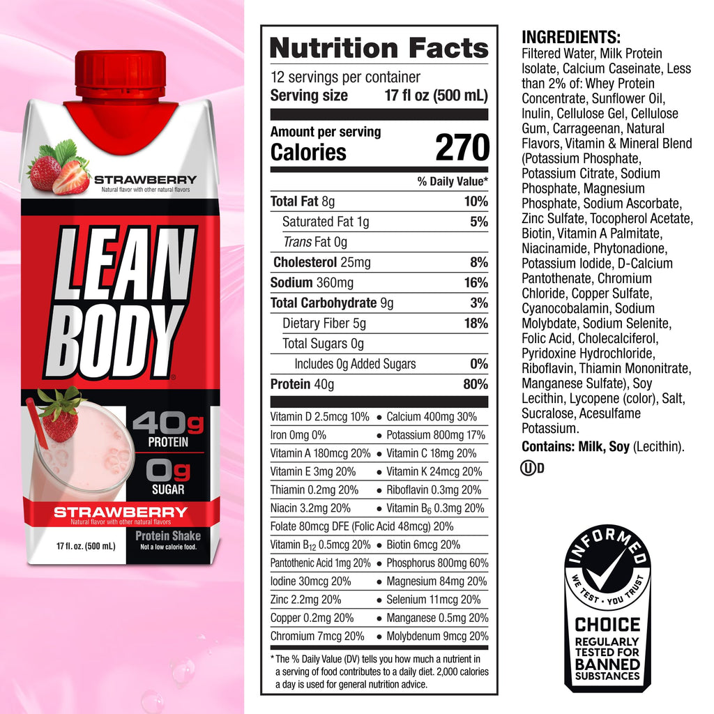 Labrada Lean Body Ready-to-Drink Chocolate Protein Shake, 40g Protein, Whey Blend, 0 Sugar, Gluten Free, 22 Vitamins & Minerals, LABRADA, 17 Fl Oz (Pack of 12)