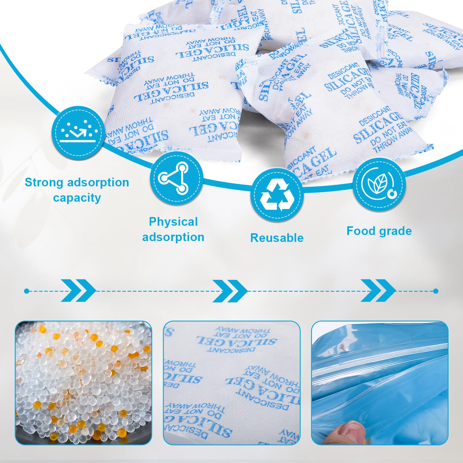 VOISEN 20 Gram 100 Pcs Color-Indicating Silica Gel Packets, Premium Food Grade Desiccant, Transparent Desiccant, Desiccant Packets for Storage, Premium Desiccant Packs for Food, Electronics, Closet
