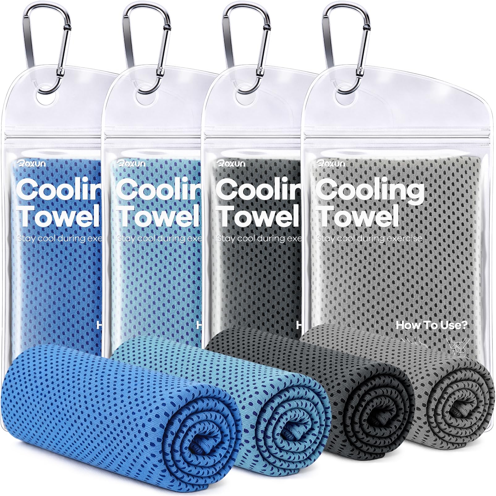 ROXUN Cooling Towels, 4 Pack (40''x12'') Chilly Ice Rags for Neck and Face | Gray+Blue+Green+Black, Soft Breathable, Sports and Outdoor Workouts, Comes with Storage Bags & Carabiners