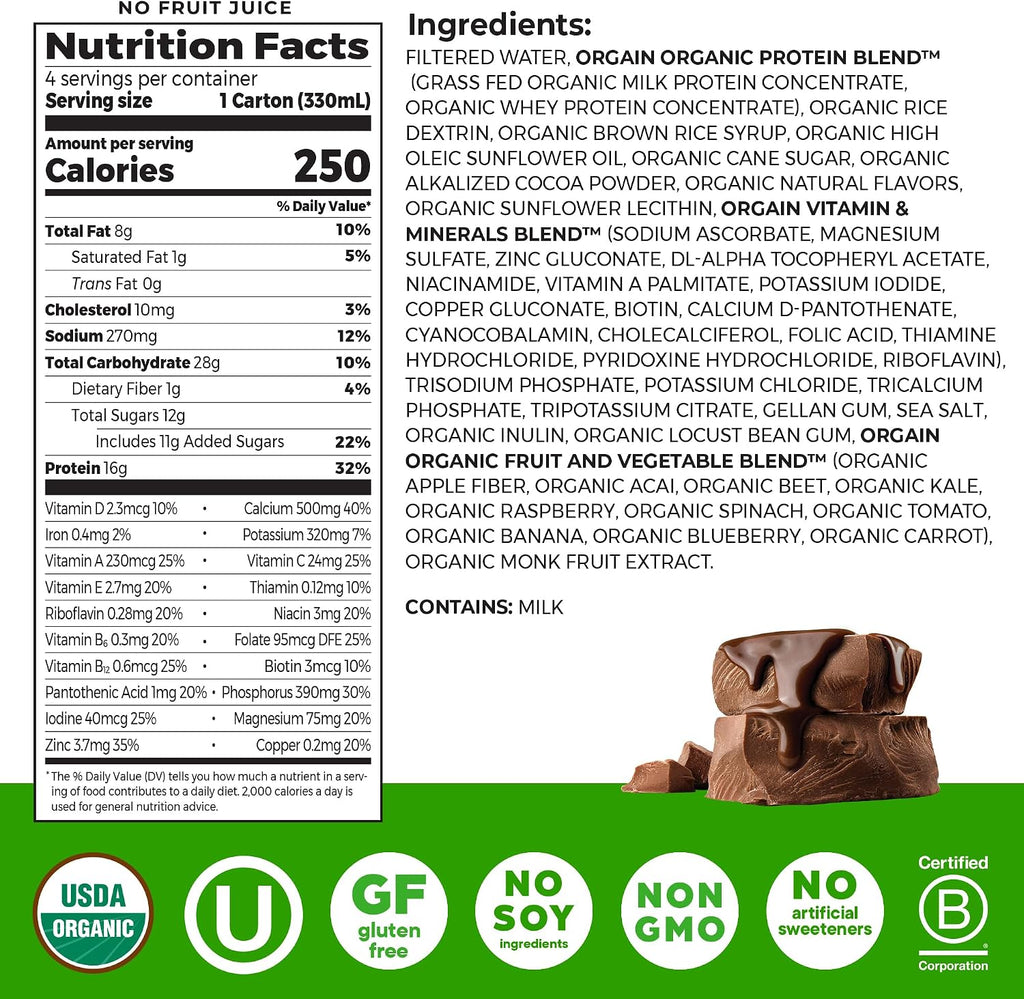 Orgain Organic Nutritional Shake, Creamy Chocolate Fudge - Meal Replacement, 16g Protein, 20 Vitamins & Minerals, Gluten & Soy Free, Kosher, Non-GMO, Packaging May Vary, 11 Fl Oz (Pack of 4)