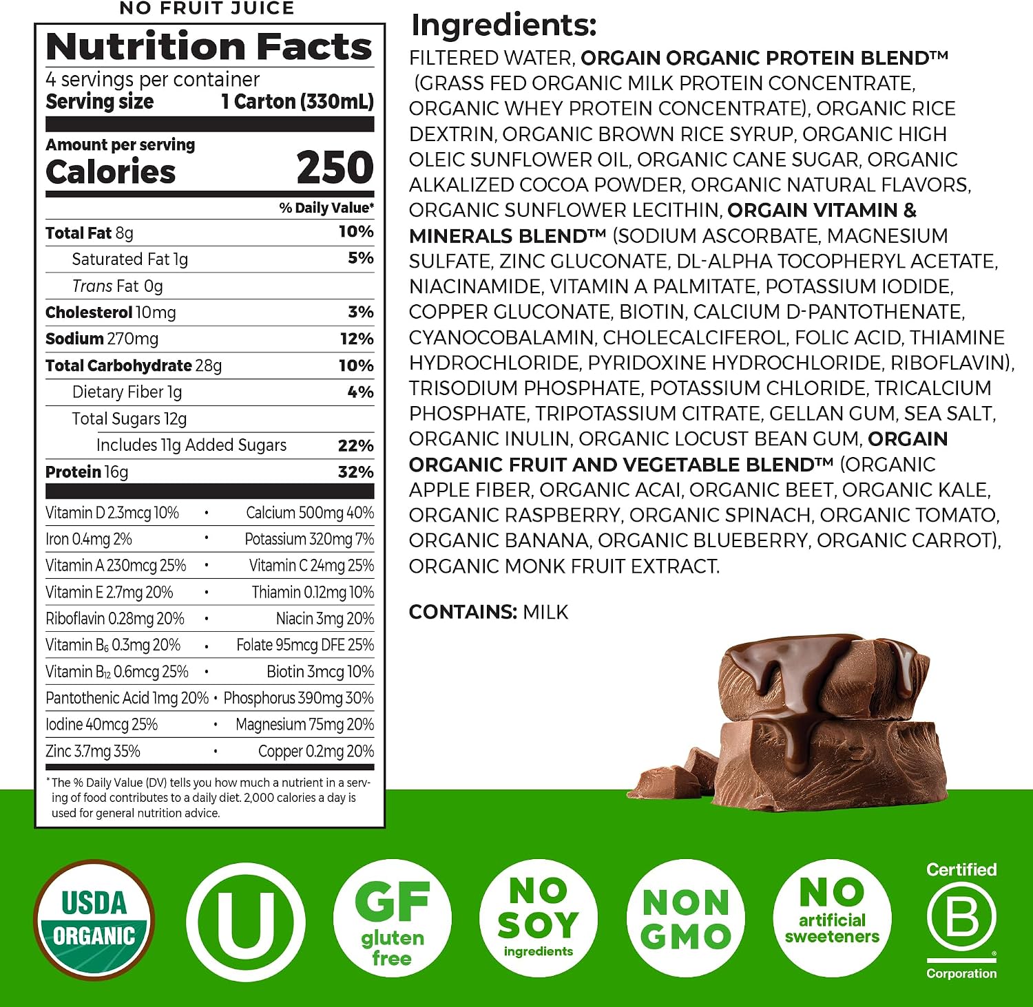 Orgain Organic Nutritional Shake, Creamy Chocolate Fudge - Meal Replacement, 16g Protein, 20 Vitamins & Minerals, Gluten & Soy Free, Kosher, Non-GMO, Packaging May Vary, 11 Fl Oz (Pack of 4)