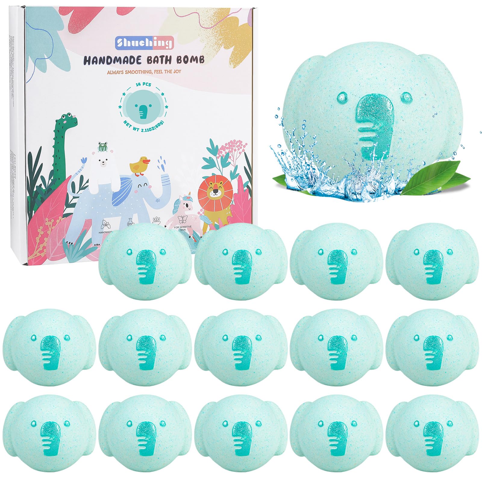 SHUCHING 14 Pcs Blue Elephant Bath Bombs for Kids, Organic Animal Bubble Bath Fizzy Balls, Birthday Gifts Set for Boys Girls